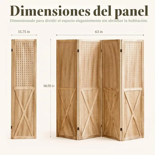 Vista 2 de Divisor de Habitación de Madera con Tablero Perforado de 4 Paneles, Pantalla de Privacidad Plegable con Exhibidor de Tablero Perforado de 5.6 Pies 4