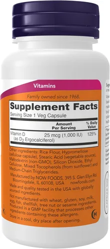 Vista 2 de NOW Suplementos, Vitamina D 1,000 UI Seca, Alta Potencia, Huesos Fuertes*, Soporte Estructural*, 120 Cápsulas Vegetales