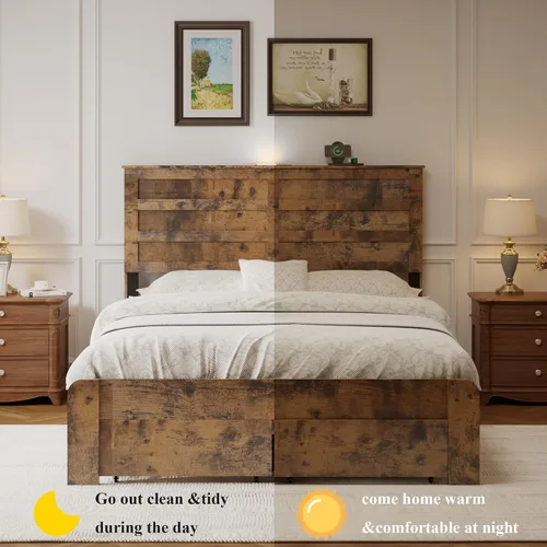 Vista 7 de Base de cama de tamaño matrimonial con almacenamiento y luces, plataforma de madera marrón rústica con cabecero, 2 cajones debajo, sin ruido, carga