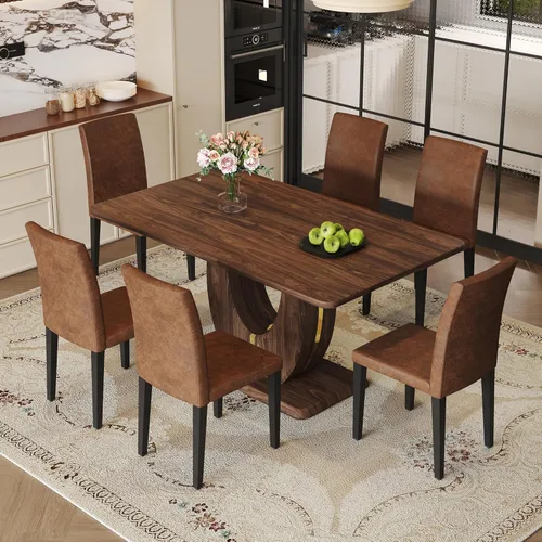 Vista 100 de JUFU Juego de mesa de comedor moderno para 4, juego de mesa de cocina rectangular de 63 pulgadas con mesa de mármol sintético y 4 sillas tapizadas
