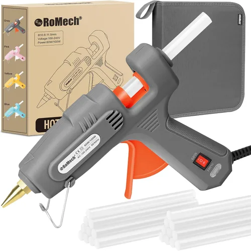 Vista 11 de ROMECH Pistola de pegamento caliente de tamaño completo con potencia dual de 60/100 W y 21 barras de pegamento caliente (7/16"), pistola