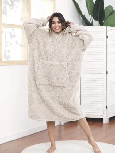 Vista 3 de Manta Sherpa con capucha de gran tamaño, sudadera con capucha y manga larga y bolsillo, color beige