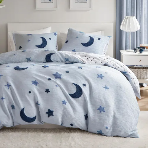 Vista 15 de Intelligent Design Cosmos - Juego de edredón infantil tamaño individual – Chenilla copetuda con estrella azul y luna, ropa de cama reversible de 2