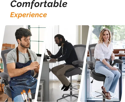 Vista 4 de Silla de redacción alta para oficina, taburetes ergonómicos de escritorio de pie para computadora, reposabrazos abatibles, altura ajustable y anillo