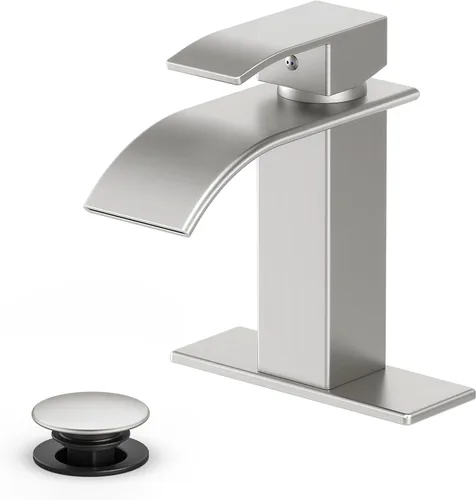 Vista 13 de Ryuwanku - Grifo de baño dorado cepillado moderno tipo cascada con manija única, adecuado para 1 o 3 agujeros, incluye placa de cubierta y manguera