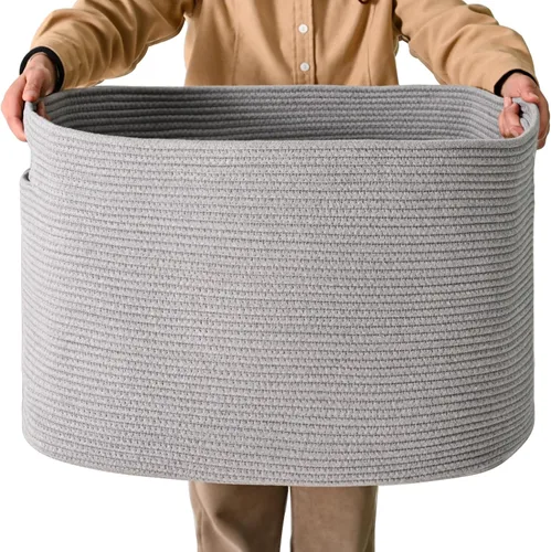Vista 15 de ICERZCZ Cesta grande de manta negra, cestas de almacenamiento para mantas, cestas tejidas para almacenamiento, cesta de cuerda de algodón tejida