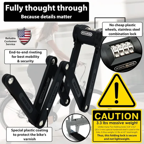 Vista 5 de KOHLBURG Cerradura plegable para bicicleta [43 pulgadas] a prueba de cortador de pernos con código de combinación de 4 dígitos y soporte, bloqueo