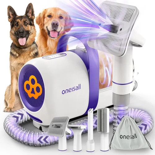 oneisall Kits de aspiradora para aseo de perros: cepillo anti-pelusa de 15000Pa con herramientas de aseo, 3 niveles de succión de bajo ruido,
