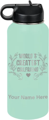 Vista 63 de LaserGram Personalized Water Bottle, World's Greatest Girlfriend, Stainless Steel Double Wall Vacuum Insulated with Flip Top Straw, Custom Engraved