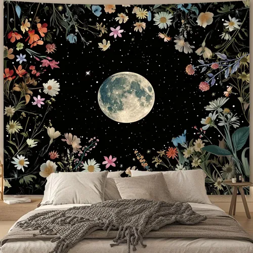 Vista 12 de Apdidl Tapiz estrellado de galaxia forestal para techo de dormitorio, espacio azul, cielo estrellado, luna, estrellas, tapiz estético, telón