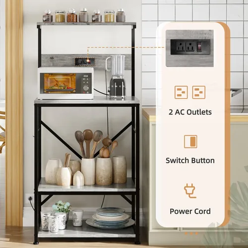 Vista 11 de Shintenchi Estante para panaderos con toma de corriente, gran espacio de almacenamiento, barra de café de 10 ganchos con panel de alambre de metal