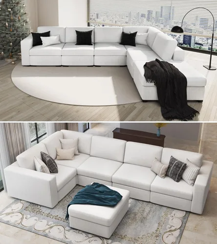 Vista 7 de Sofás seccionales para sala de estar, sofá modular en forma de L con otomana, juego de muebles de sofá beige en forma de U, 6 piezas, modernos sofás