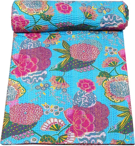 Vista 14 de Marubhumi Colchas indias hechas a mano, edredones de algodón puro reversible, edredón vintage Kantha, edredón, estampado de frutas, rosa bebé