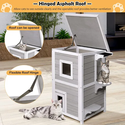 Vista 5 de Tangkula Casa para gatos al aire libre de madera, 2 pisos fuera de refugio para gatos con puerta de escape, techo de asfalto abierto, plataforma