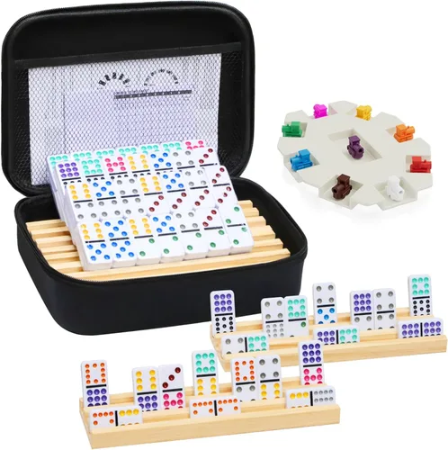 Juego de dominó de tren mexicano con 4 bandejas de madera/estantes de madera, juego de viaje doble de 12 dominó con 4 soportes para azulejos de
