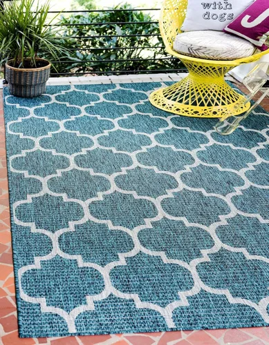 Vista 53 de Unique Loom Outdoor Trellis Collection Alfombra de Área (5' 1" x 8' Oval, Aguamarina/Gris)
