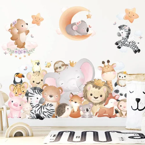 Vista 4 de Supzone Calcomanías de pared de animales de dibujos animados, calcomanías de pared de animales del bosque, elefante, jirafa, selva, calcomanía