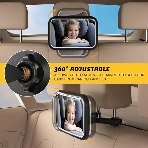 Vista 9 de Espejo de coche para bebé con luz, 7 luces RGB orientadas hacia atrás, espejo de asiento de coche de bebé con control remoto recargable de rotación