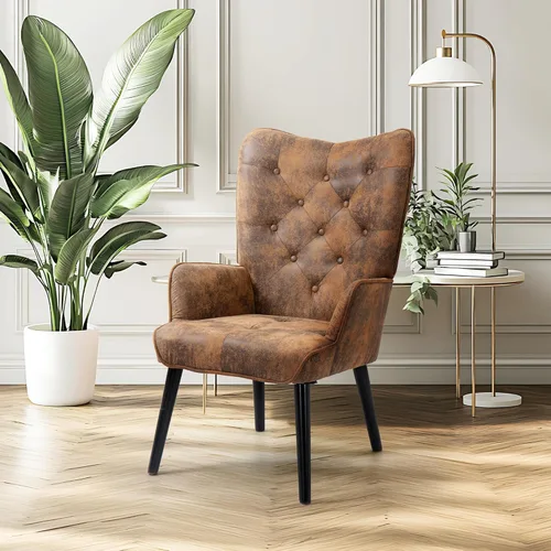 Vista 6 de ECOTOUGE Silla decorativa rústica, silla de microfibra alta con respaldo de alas con brazos, silla de lectura para sala de estar, dormitorio (marrón)