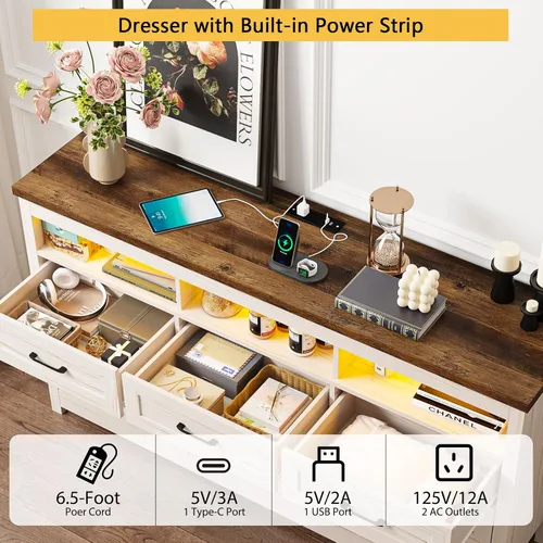 Vista 5 de Hlivelood Cómoda de granja de 9 cajones con luces LED, cómoda grande de 160 cm de ancho para dormitorio, cómoda de madera moderna con organizador