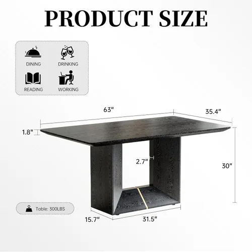 Vista 3 de Mesa de comedor negra de 160 cm para 4-6 personas ｜ Ideal para cocina y comedor ｜ Mesa de comedor moderna ｜ Chapa de grano de madera ｜ Base
