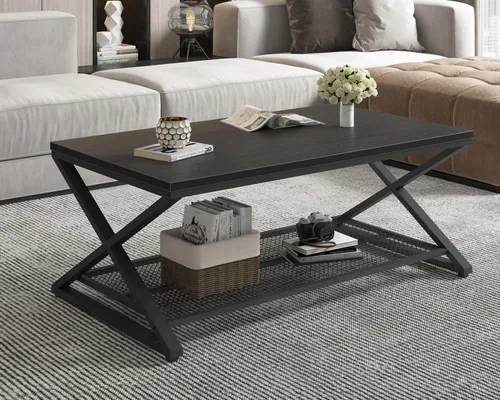 Vista 5 de LVB Mesa de café negra, mesas centrales de 2 niveles de metal y madera con estante de almacenamiento, mesa de té moderna rectangular para el cóctel