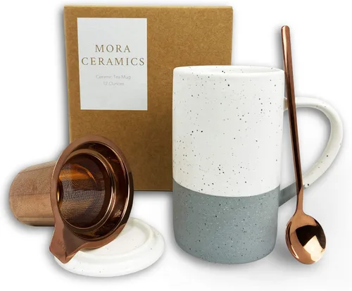 Taza de Té Mora Ceramics con Infusor de Hojas Sueltas, Cuchara y Tapa, 12 oz, Taza de Café Apta para Microondas y Lavavajillas - Esmalte Cerámico