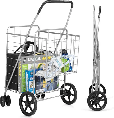 Vista 9 de IRONMAX Carrito de compras con ruedas, carritos de metal plegables con ruedas giratorias de 360° y cesta de almacenamiento adicional, cesta plegable