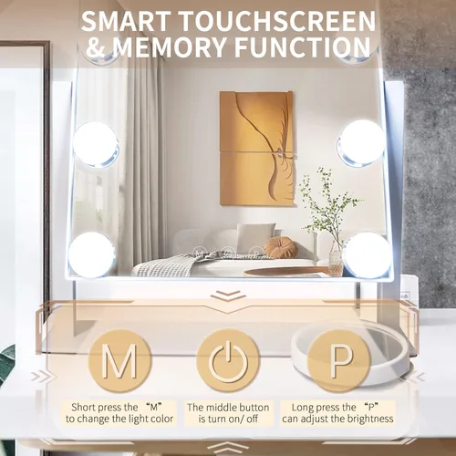 Vista 5 de SLIMOON Hollywood - Espejo de tocador con luces, 9 bombillas LED regulables, espejo de maquillaje iluminado con espejo de aumento desmontable