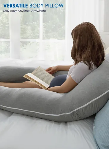 Vista 6 de QUEEN ROSE Almohadas de embarazo, almohada refrescante de maternidad para dormir, almohada corporal en forma de U de 55 pulgadas para apoyo a Gris