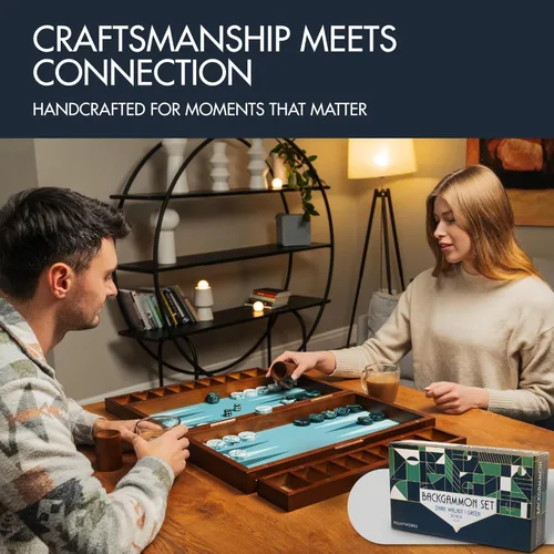 Vista 5 de Pointworks Juego de Backgammon de 20 Pulgadas Grande para Adultos, Tablero de Backgammon Verde, Madera Sólida. Bandeja de Accesorios Desmontable