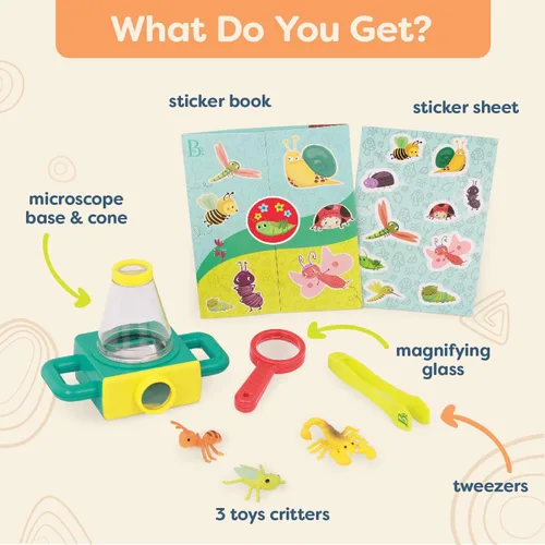 Vista 5 de B. toys Juego de 9 piezas de microscopio de juguete con libro de calcomanías, lupa y pinzas, incluye 4 insectos de juguete para pequeños