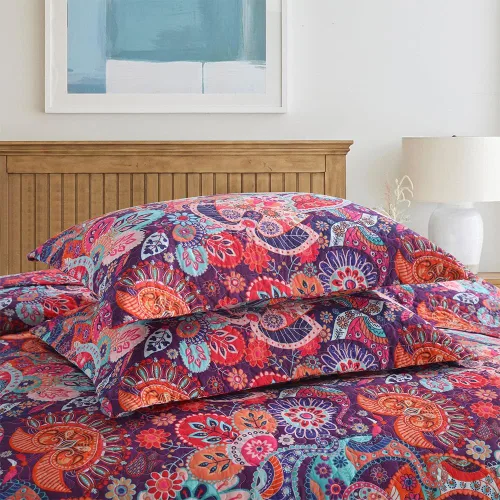 Vista 5 de VISIMISI - Juego de colchas de algodón, juego de cubrecama reversible con estampado floral de cachemira bohemio, patrón rojo bohemio hermoso