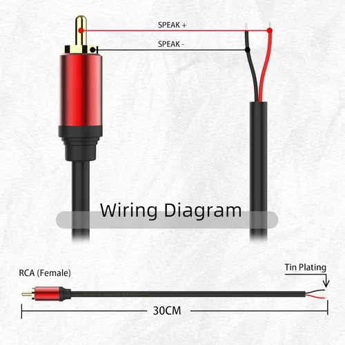 Vista 2 de Cable de altavoz RCA macho de 1 pie, adaptador de conector a cable desnudo, cable de audio y video RCA para amplificador receptor altavoces
