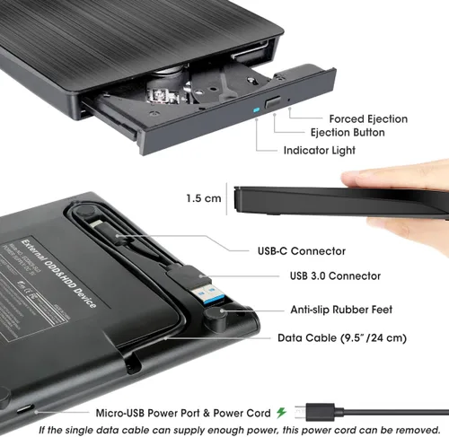 Vista 6 de ROOFULL Unidad externa de CD DVD para PC portátil Windows 11/10/7, USB 3.0 y USB-C CD DVD ROM lector escritor +/-RW disco quemador reproductor