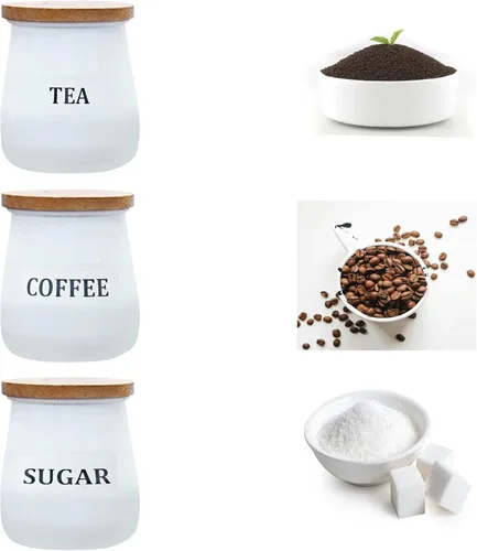 Juego de 3 botes de café blanco para té y azúcar, recipiente de metal galvanizado con tapa de madera, hermosos frascos decorativos elegantes para
