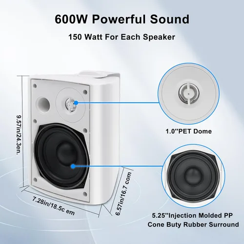 Vista 4 de STUDIOFINIX Altavoces Bluetooth para exteriores de 5.25 pulgadas, impermeables, 600 vatios, perfectos para sistema de montaje en pared en interiores