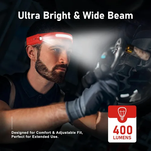 Vista 7 de Nessciera Linterna frontal LED recargable (rojo), 400 lúmenes, haz ancho de 230°, USB-C, IPX4, 5 modos, ligero, diadema ajustable; clips para casco