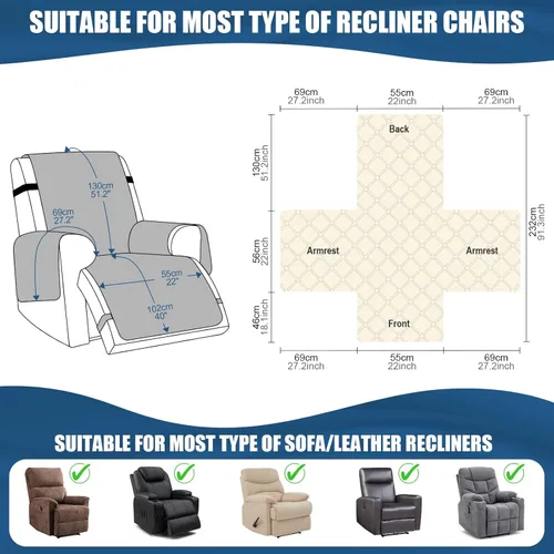 Vista 6 de TAOCOCO Fundas reclinables 100% impermeables, con correas para las piernas, funda de sofá reclinable reversible para silla reclinable, protector