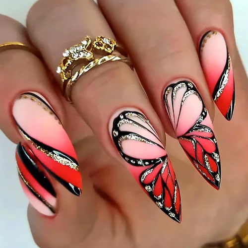 Vista 13 de Uñas postizas largas a presión de almendra, uñas postizas Aurora con punta francesa, 24 unidades, naturales, brillantes, cobertura completa