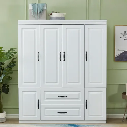 Armario de 4 puertas, armario de madera con 2 cajones, gabinete de almacenamiento para gran capacidad, armarios blancos para dormitorio con barra