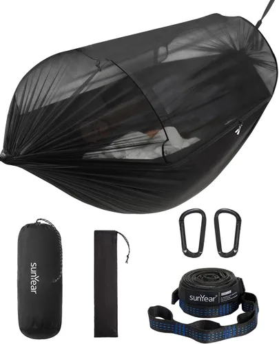 Sunyear Hamaca de camping con red, hamaca doble y individual con red similar a la casa, fácil de instalar y empacar, ligera y portátil, perfecta
