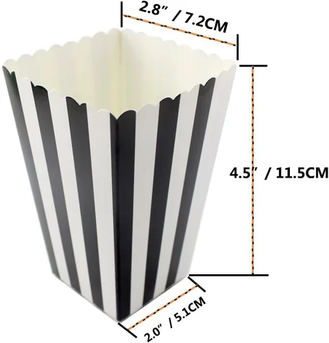 Vista 4 de Mini cajas de papel para palomitas de maíz a rayas blancas y negras, cajas de golosinas, caja de regalo de cumpleaños, cajas de aperitivos, cajas
