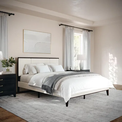 Martha Stewart Jett - Cama de plataforma con cabecero, cabecera y base tapizada de tela, marco de madera maciza, no necesita somier, tamaño Queen,