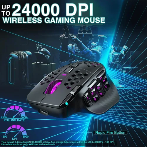 Vista 6 de SOLAKAKA SM809 Pro - Mouse para juegos con 9 botones laterales, mouse RGB de 24000 DPI para jugadores, 16 macros programables MMO, color negro