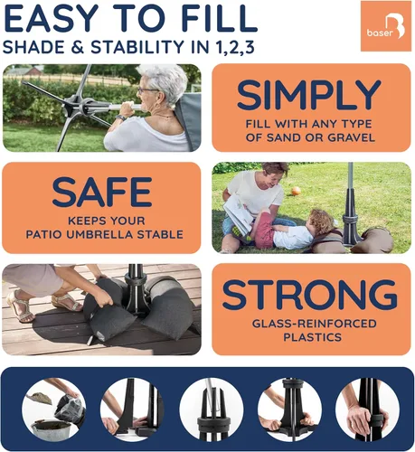Vista 5 de Baser Base de sombrilla para patio con peso de saco de arena rellenable de 110 libras, sombrilla de patio de hasta 11.5 pies, hecha