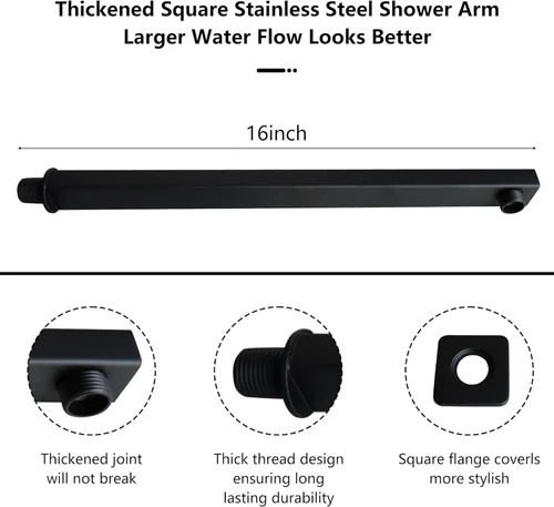 Vista 4 de GGStudy Cabezal de ducha tipo lluvia negro con brazo de extensión, cabezal de ducha cuadrado de 10 pulgadas con brazo de ducha de 16 pulgadas