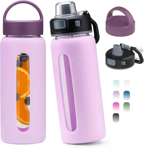 Vista 14 de Kodrine Botella de agua de vidrio de 20 onzas con pajilla - 2 tapas para un fácil transporte, con asa, funda de silicona y marcador de tiempo