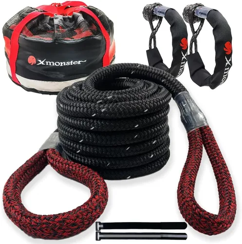 Cuerda de remolque de recuperación cinética de 3/4 pulgadas x 20 pies (MBS 22,000 libras) con cinta reflectante y 2 grilletes suaves (35,000