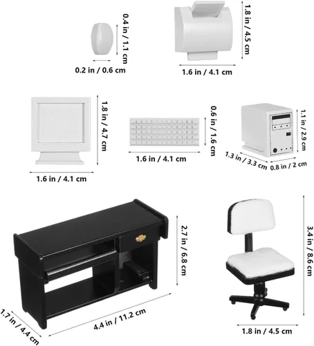 Vista 2 de NUOBESTY Juego de muebles de oficina para casa de muñecas, silla de escritorio en miniatura, impresora de computadora, accesorios de teclado